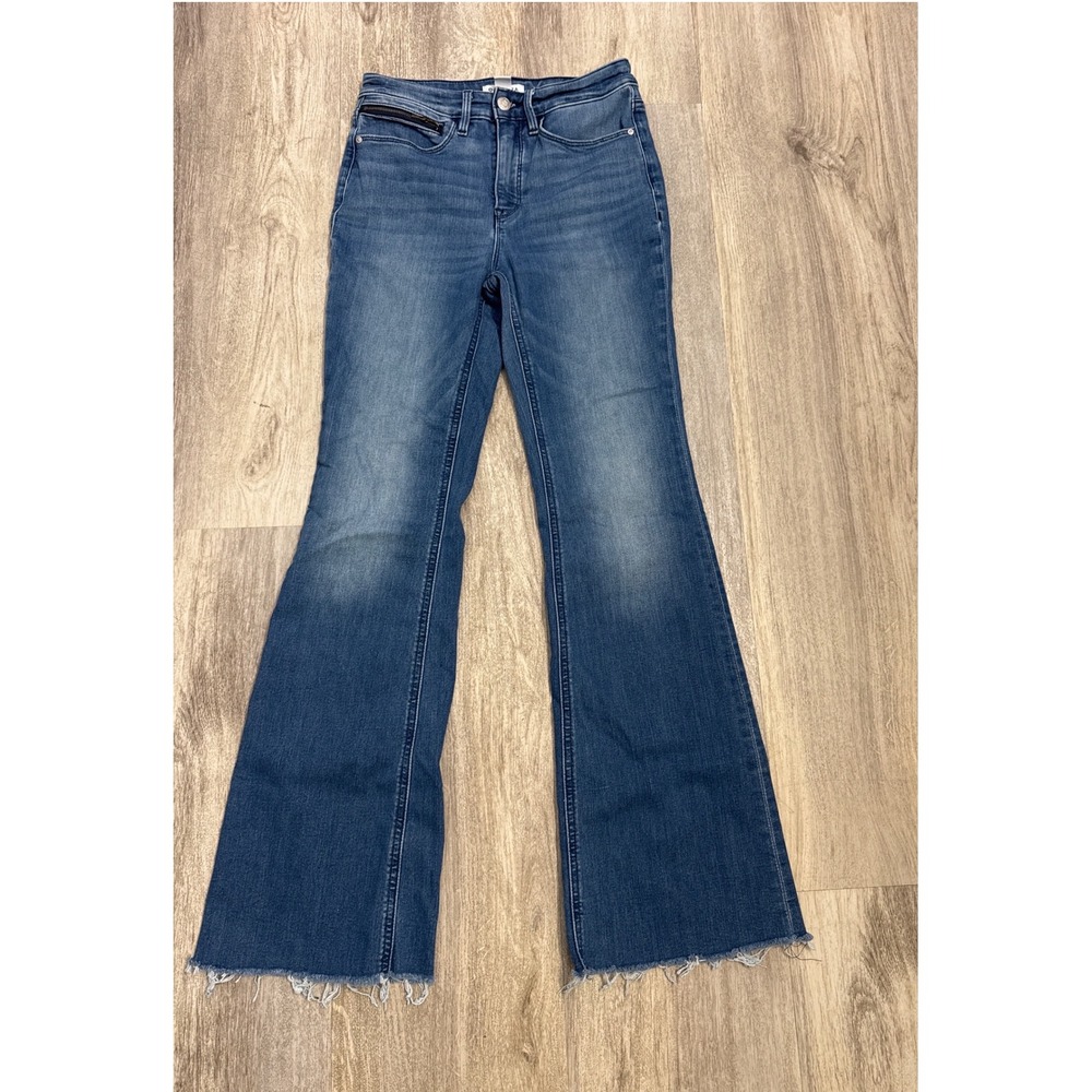 Athleta Sculptetek Flare Jeans Womens 4 Blue Medium Wash Raw Hem High Rise Zip